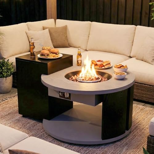 50,000 BTU Round Propane Gas Fire Pit Table, Smokeless Table Top Firepit with Storage Cabinet & Open Shelf, Stainless Steel Burner, ETL Certified, Propane Gas Fire Pit for Patio,Black & Grey by Lovinouse