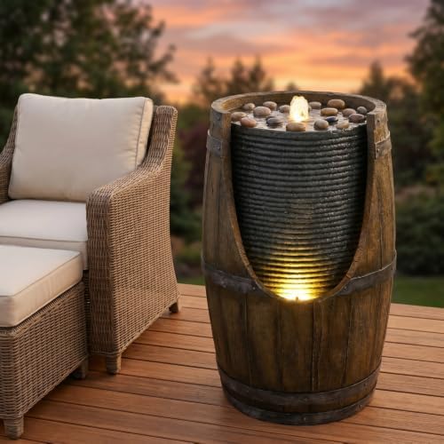 Outdoor Water Fountain with Bird Waterer, Rustic Barrel Garden Fountain with LED Lights and Pump, Faux Wood Resin Water Feature for Patio Backyard Porch Yard - Image 4