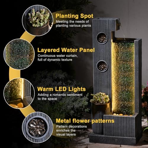 37" H Modern Indoor Water Fountains - Rectangular Outdoor Waterfall Fountain with LED Lights and Pump and Sculpted Flowers for Office, Living Room, Bedroom, Garden and Home Art Decor - Image 3