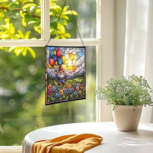 Gnome Balloon Festival Stained Glass Suncatcher – Square Hanging Window Panel for Home or Greenhouse – Whimsical Glass Art Gift for Garden Lovers, Christmas, Halloween, Father Days ifExoe - Image 3