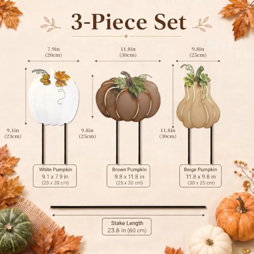 Hicarer 3 Pcs Fall Outdoor Decor Metal Pumpkin Yard Stakes Autumn Harvest - Image 2