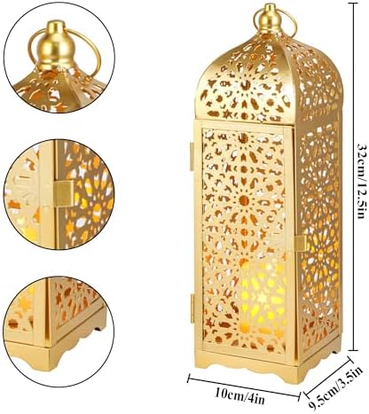BHCJ 2-Pack Vintage Decorative Candle Lantern 12.5'' High Metal Moroccan Lantern Hanging Lantern with Hollow Pattern for Home Decorations Living Room Garden Parties Events Indoors Outdoors(Gold) - Image 2