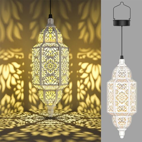 Twinkya Hanging Solar Lights Outdoor Garden Decorative Solar Lantern Waterproof Metal Moroccan Outdoor Decorations for Patio Pathway Yard Porch Backyard Garden Decor (White, 1 Pack) by twinkya