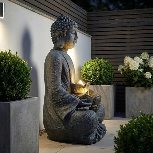 28'' Zen Buddha Water Fountain with LED Light and Pump, 2 Tier Polyresin Meditating Buddha Outdoor Fountain, Lighted Waterfall Statue for Garden Patio Backyard Indoor Decor - Image 4