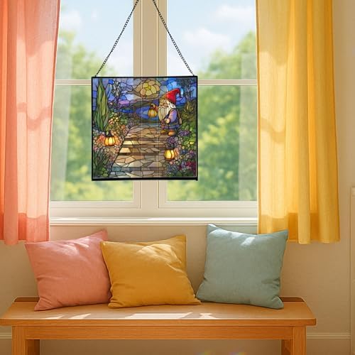 Lantern Path Gnome Stained Glass Suncatcher – Square Hanging Window Panel for Home or Greenhouse – Whimsical Glass Art Gift for Garden Lovers, Christmas, Halloween, Father Days Hw8NZS - Image 5