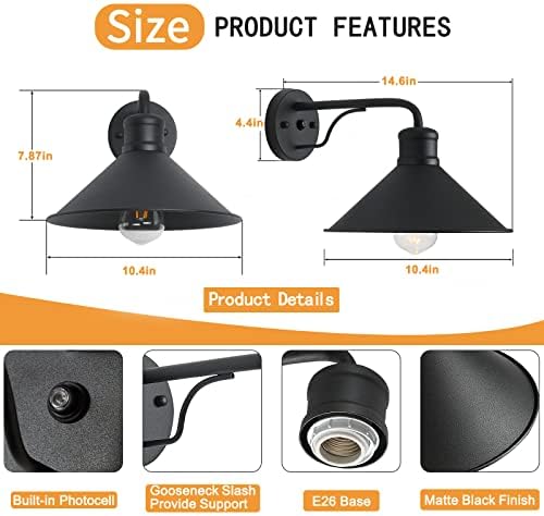 Dusk to Dawn Sensor Wall Sconce Outdoor Lighting Fixture, Industrial Outdoor Barn Light Matte Black Exterior Wall Sconce for Patio,Doorway,Porch,Entryway,Garage, 1 Pack - Image 4