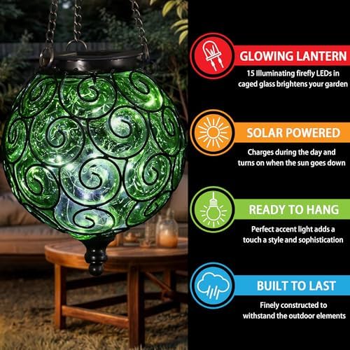 Solar Hanging Lantern Outdoor Garden Lights, Round Glass and Metal Hanging Lantern, 15 Firefly LED Lights, 7 x 20 Inch (Green) - Image 3