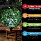 Solar Hanging Lantern Outdoor Garden Lights, Round Glass and Metal Hanging Lantern, 15 Firefly LED Lights, 7 x 20 Inch (Green) - Image 3