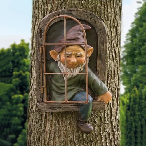 Gnome Statue Tree Face Outside Yard Art Outdoor Statue, 12 Inch Elf Out of The Window Tree Decor and Yard Decorations, Whimsical Gnomes Garden Sculptures & Statues, Fairy Tree Peeker Ornaments by GardenWhisper