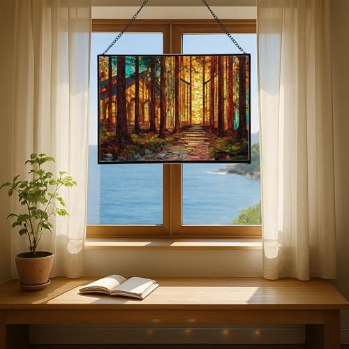 Sun Shining Through Window in Forest Chapel Rectangular Stained Glass Suncatcher – Hanging Window Panel with Animal & Nature Scene – Vibrant Glass Art Gift for Wildlife, Fantasy, Nature Lovers rQwQYE - Image 6