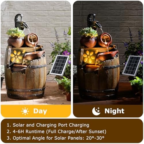 29" Tall Barrel Solar Water Fountain Outdoor Garden - Image 4