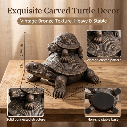 19" Vintage Bronze Turtle Statue, Resin Stacked Mother & Baby Tortoise Sculpture, Rustic Farmhouse Decor Figurine for Garden, Lawn, Patio, Table, Shelf & Home Decoration - Image 3