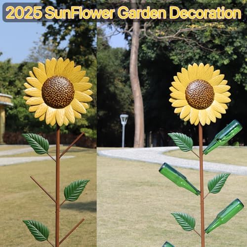 72" H Metal Sunflower Glass Bottle Tree Stake,Wine Bottle Tree,Yard Decor - Image 4