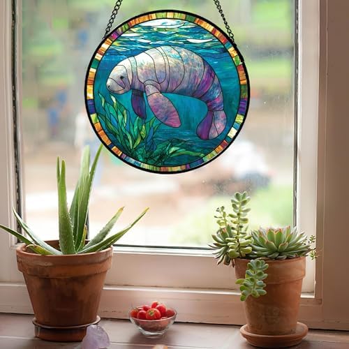 Ocean Manatee Seagrass Stained Glass Window Hanging Suncatcher Gifts 12" - Image 4