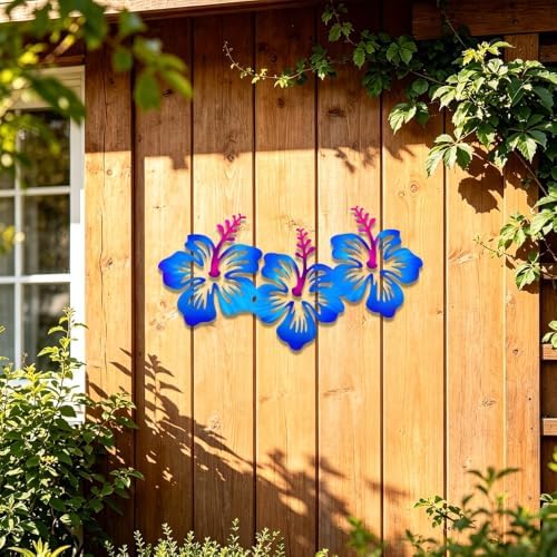 Hibiscus Flower Metal Wall Art Blue Floral Plaque Rustic Hanging Decor for Living Room Bedroom Patio Garden Indoor Outdoor Stylish Botanical Ornament (16 INCH) - Image 4