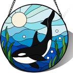 Orca Whale Stained Glass Suncatcher Ocean Window Hanging Blue Sea Art Glass Decor Coastal Housewarming Birthday for Mom Wife Friend Home Wall Decor for Her 9.8 Inch by Unknown