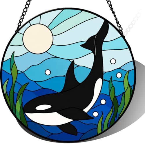 Orca Whale Stained Glass Suncatcher Ocean Window Hanging Blue Sea Art Glass Decor Coastal Housewarming Birthday for Mom Wife Friend Home Wall Decor for Her 9.8 Inch by Unknown