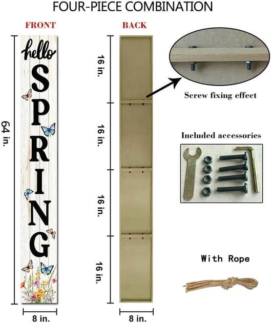Spring Porch Sign Hello Spring Sign for Front Door 8"x63" Spring Door Decor Vertical Wood Porch Sign Wooden Tall Welcome Sign Farmhouse Standing Wooden Hanging Sign for Home Indoor Outdoor - Image 4