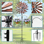 95 Inch Large Wind Spinner Outdoor Metal Garden Stake with Dual Hanging Hooks, Solar Powered Windmill Spinner for Yard & Patio, Heavy Duty Rustproof Kinetic Yard Art with Stable Ground Stake - Image 4