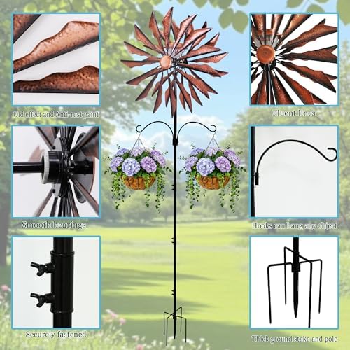 95 Inch Large Wind Spinner Outdoor Metal Garden Stake with Dual Hanging Hooks, Solar Powered Windmill Spinner for Yard & Patio, Heavy Duty Rustproof Kinetic Yard Art with Stable Ground Stake - Image 4