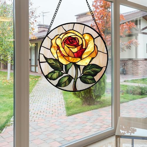 Yellow Rose Stained Glass Window Hanging Suncatcher Gifts for Women 12" - Image 5