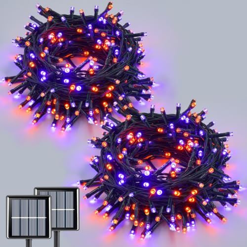 QITONG Solar Halloween String Lights, 2 Pack Each 66ft 200 LED Orange and Purple led Lights Outdoor Waterproof, 8 Modes Solar Twinkle Lights for Garden Patio Yard by QITONG