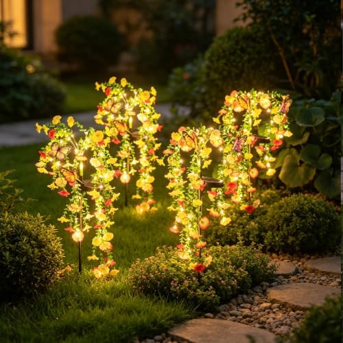 Solar Garden Lights Outdoor Waterproof, 4 Pack Solar Flower Lights Outdoor with Lifelike Morning Glory Flowers & 2 Lighting Modes, Decorative Solar Lights Outdoor for Yard Patio Lawn Decor, Gifts by AureateHorizon