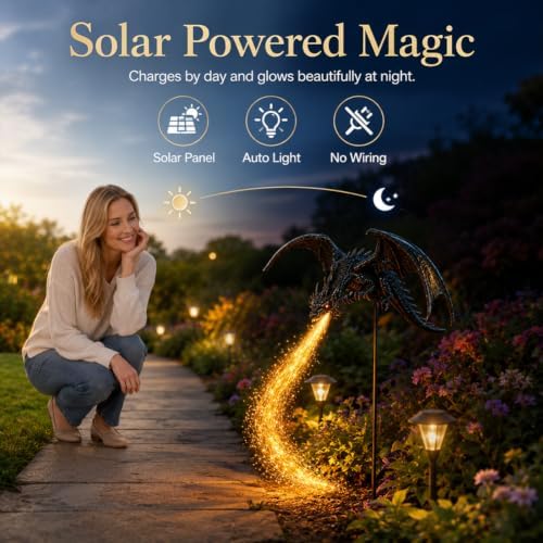 Solar Dragon Fire Garden Stake Light, Gothic Fantasy Solar Powered Lawn - Image 5