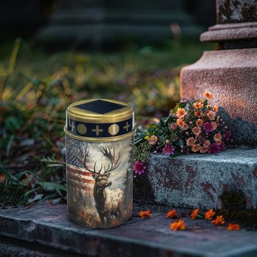 Poceacles Deer American Flag Forest Outdoor Lights Solar Powered Flameless Candle Cemetery Votive Candles Waterproof Outdoor Memorial Candle Solar Stake Lights Home Outdoor Decoration, 4 PCS - Image 3