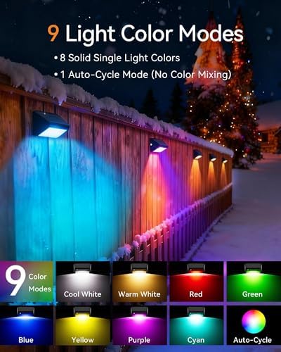 Solar Fence Lights Outdoor, 2 Pack Fence Lights Solar Powered RGB - Image 5