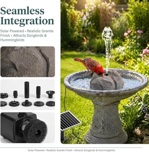 Realistic Granite Rock Solar Bird Bath Fountain - Premium Solar Fountain for Bird Bath, Full Water Pump Kit & Nozzles to Attract Hummingbirds to Your Garden (Grey) - Image 5