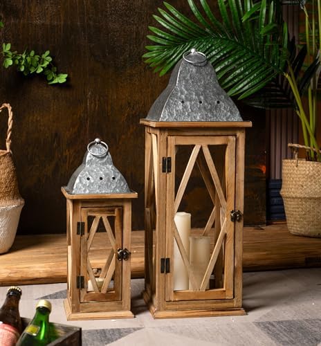 Large Farmhouse Wooden Metal Lantern Set of 2, Rustic Decorative Floor Candle Lanterns, Indoor/Outdoor Hanging Lanterns for Home Decor (No Glass) - Image 2