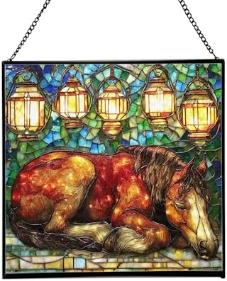 Bay Miniature Horse Curled Near Garden Lanterns Square Suncatcher – Stained Glass Style Window Panel with Pastoral Scene, Custom Decorative Hanging Art for Equestrian Home, Christmas rAWSQA by Custom