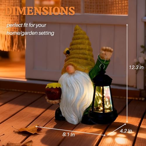 12.3'' Solar Garden Gnomes Outdoor Decor Honey Bee jar Gnome Statues with LED Lantern Autumn Patio Lawn Yard Art Decoration Fall Birthday Christmas Gardening Gifts for Mom Dad, Bee Gnome - Image 5