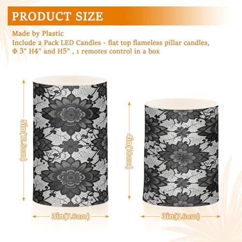 Vintage Black Lace with Flowers Flameless Candles with Remote Control Candles with Timer Waterproof Electronic Lights Glitter Led for Night Battery Operated Pillar 2-Piecing Set - Image 3