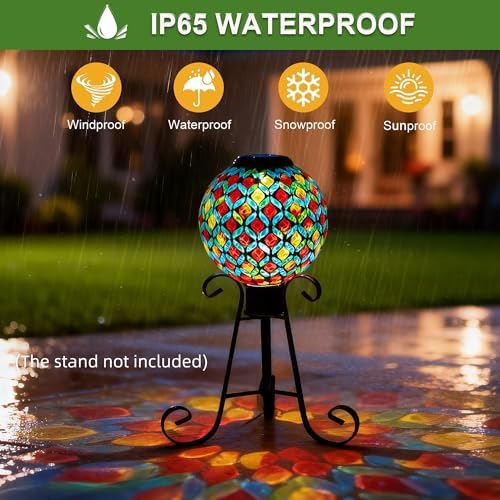 VOREEN 8" Solar Mosaic Glass Garden Ball, IP45 Waterproof Globe Yard Light, Automatic Dusk-to-Dawn Colorful Landscape Lamp for Patio Lawn Pathway Outdoor Decoration - Image 6