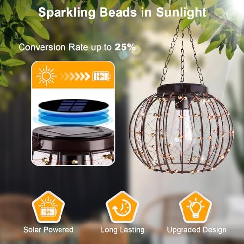 Hanging Solar Lanterns Outdoor Waterproof, Vintage Copper Hanging Lights, Solar Chandelier for Yard Garden Gazebo Pergola Porch Decor, 2 Pack - Image 4