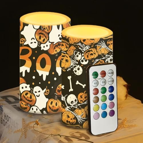 Flameless Candles with Remote and Timers Battery Operated Candles Halloween Day LED Pillar Candles for Home Party Decorations, Ghost Boo Skeleton Print - Image 5