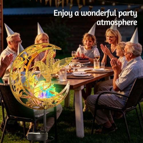Solar Lights Outdoor Decor Hummingbird Colorful Cracked Glass Moon Lights - Image 4