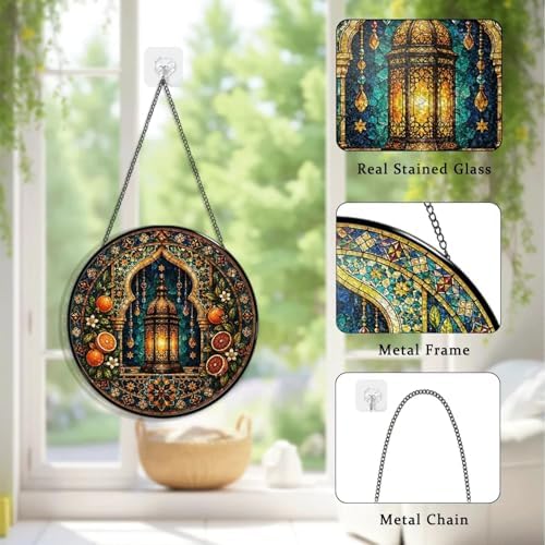 Stained Glass Window Hanging Moroccan Lantern and Orange Floral Mandala Sun Catchers Mediterranean Boho Art Glass Suncatchers for Home Porch Garden Indoor & Outdoor Decor (9.8x9.8 in) - Image 6