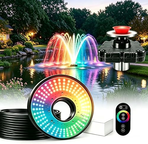 Pond Fountain Aerator Lights, RGBW 20000LM LED Fountain Light with 100FT Power Cord, IP68 Waterproof Stainless Steel Wireless Sync Control Floating Fountains Pump Light for Lake Ponds by abyyloe