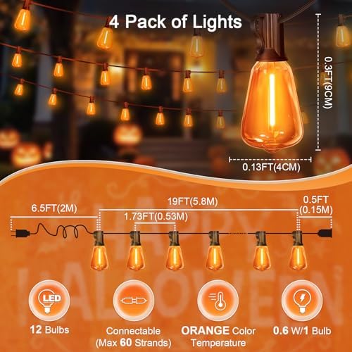 4Pack Orange Halloween ST38 LED String Lights, 26FT Strand with 12+1 Shatterproof Edison Bulbs, UL Waterproof Connectable Outdoor Hanging Patio Lights for Backyard Porch Bistro Christmas Party Decor - Image 2