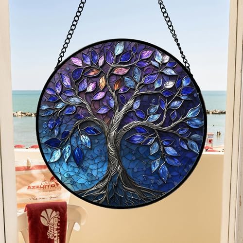 Blue Purple Tree of Life Stained Glass Window Hanging Suncatcher Gift 15" - Image 3