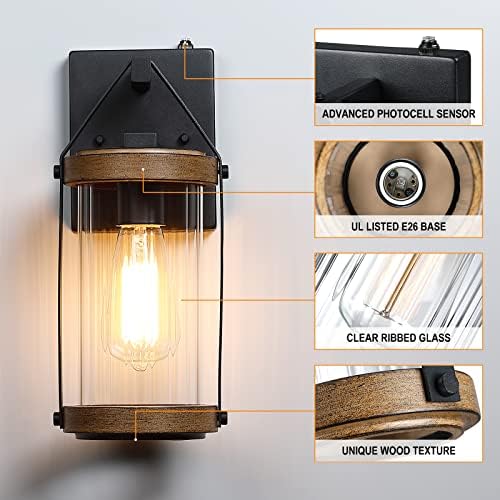 LONEDRUID 2 Pack Dusk to Dawn Sensor Outdoor Wall Lights with Wood Grain - Image 3