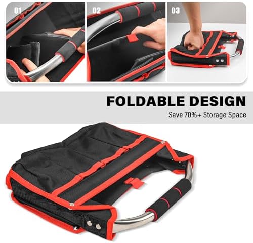 HAUTMEC 13 Inch Tool Bag, Foldable Open Top Tool Bag with Stiff Frame, Heavy-Duty Tool Tote with Padded Handle, Water-Resistant Base, Portable Tool Organizer for DIY & Jobsite Use – TB0001 - Image 2