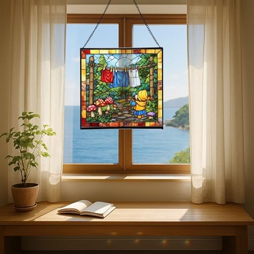 Gnome Hanging Laundry Stained Glass Suncatcher – Square Hanging Window Panel for Home, Garden, Nursery, Halloween, Christmas, Memorial Day – Whimsical Glass Art Gift for Gnome Lovers 01e3a4 - Image 6