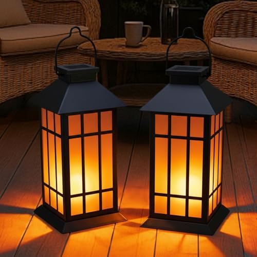 Solar Lanterns Outdoor Waterproof, 2 Pack 13" Metal & Glass Hanging Solar Lantern Lights, Grid Pattern IP46 Decorative Outdoor Solar Lanterns for Patio Table Yard Porch Garden Decor by anyperfect