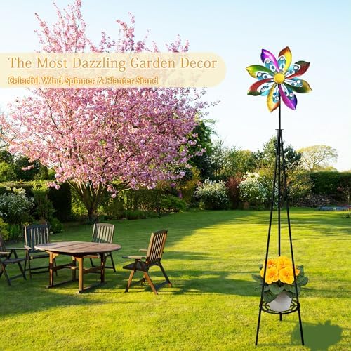 69" Metal Wind Spinners Outdoor with Plant Rack,3 Legs Colorful Windmill - Image 4