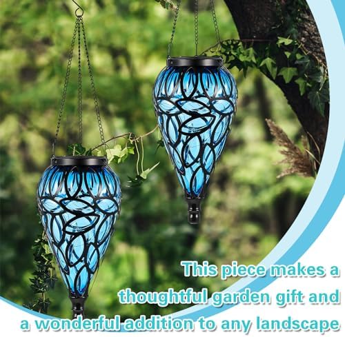 Tujoe 2 Pack Solar Hanging Lanterns Outdoor Lights, Blue - Image 5