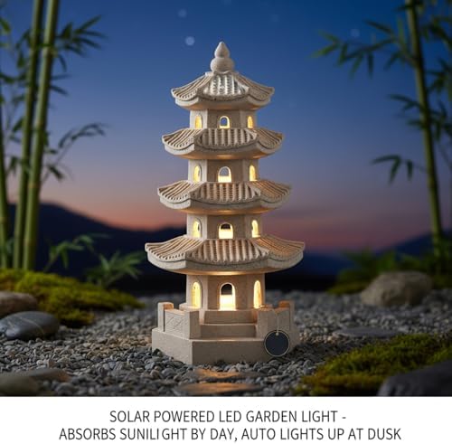 Pagoda Garden Statue Solar Powered Pagoda Lantern Resin Outdoor Zen Japanese Garden Decor for Balcony, Patio, Porch, Yard 11.4x4.7x4.7 inch Khaki, Décoration de Jardin - Image 3